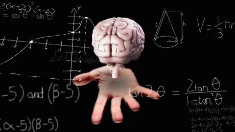 Open hand holding hovering brain while fading in, rotating, and drawing math Stock Footage 331820463