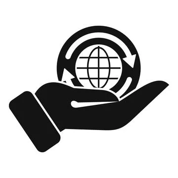 Open hand holding rotating globe with two circling arrows, symbolizing global Stock Illustration