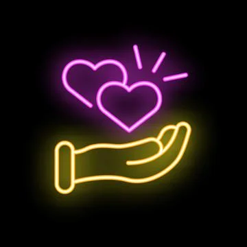 Open hand holding two glowing neon purple hearts on black background Stock Illustration