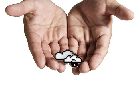 Open hand holds pixel cloud network sign Stock Illustration