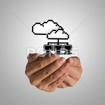 Open hand holds pixel cloud network sign Stock Illustration