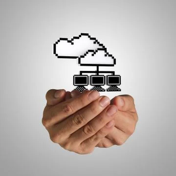 Open hand holds pixel cloud network sign Illustrazione stock