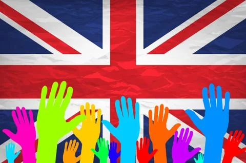 Open hand raised, multi purpose concept, UK United Kingdom flag painted iso.. Stock Illustration
