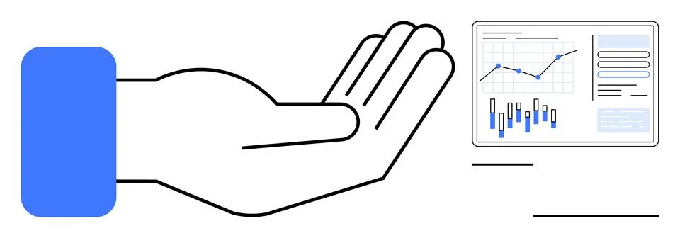 Open hand reaching towards an analytics screen with charts, graphs, and data. Stock Illustration
