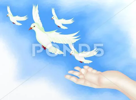 Open Hand Releasing Freedom Bird in Clear Blue Sky. Stock Illustration