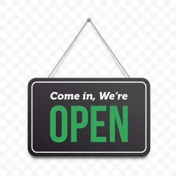 Open hanging door sign. Vector green we are open on black signboard, cafe or  Illustrazione stock