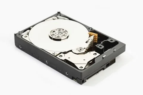 Open Hard disk drive HDD isolated on white background. Computer hardware data Stock Photos