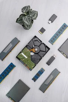 Open hard disk drive placed in center, surrounded by RAM modules, SSD, USB .. Stock Photos