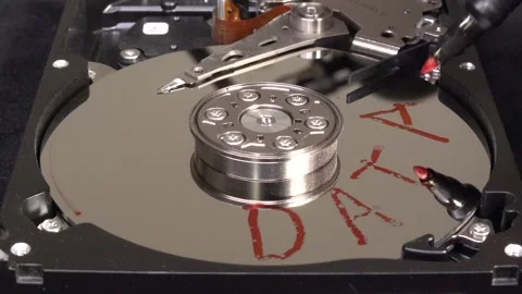 Open hard drive, close-up view, word DATA written and rotating - C0004 Stock Footage 320838580