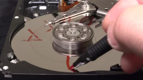 Open hard drive, close-up view, writing the word LOSS and starting to spin - Stock Footage 320838591