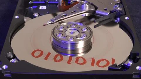 Open hard drive, close-up view with colorful light effects, start rotation a Stock Footage 320838985