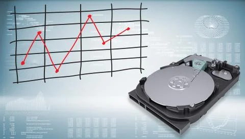 Open hard drive disk with graph of price changes Illustrazione stock