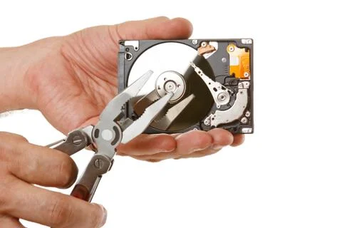 Open hard drive in hand Stock Photos