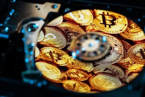 An open hard drive with reflections of gold Bitcoin coins on its surface Stock Photos