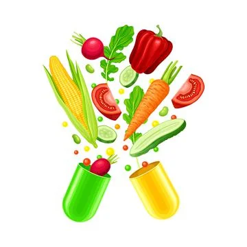 Open Hard-shelled Capsule with Vegetables as Vitamins and Supplement Vector Illustrazione stock
