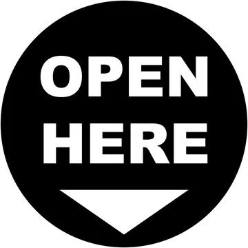Open Here circular sign, black and white round icon with text Stock Illustration