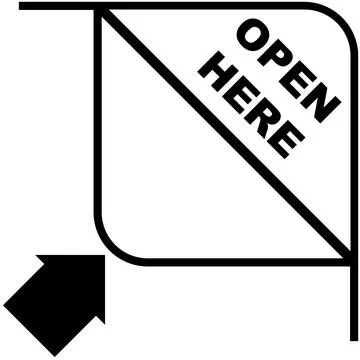 Open here package icon, instruction to open at this corner with text and arrow. Stock Illustration