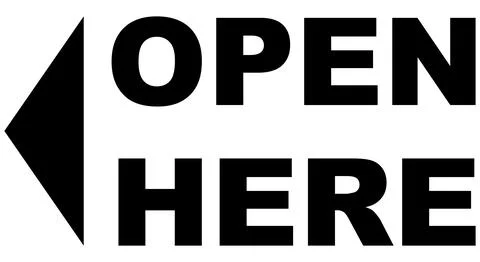 Open Here sign with an arrow pointing to the left and text. Stock Illustration