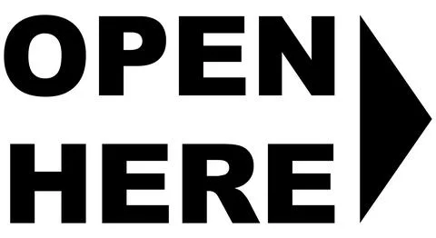 Open Here sign with an arrow pointing to the right and text. Stock Illustration
