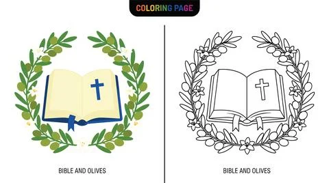 Open Holy Bible with blue cross inside an olive branch wreath, representing C Stock Illustration