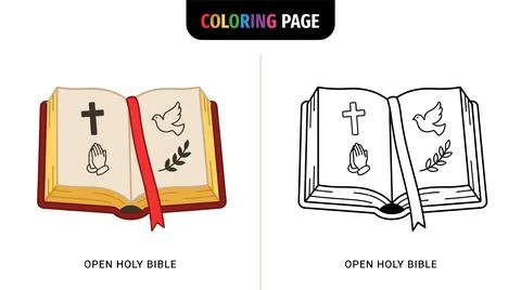 Open Holy Bible illustration featuring Christian symbols like a cross, prayin Ilustración de archivo