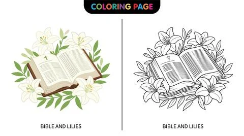Open Holy Bible surrounded by white lilies and green leaves, symbolizing fait Ilustración de archivo