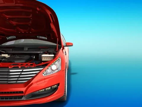 Open hood of a car with view of the engine 3d render on gradient Illustrazione stock