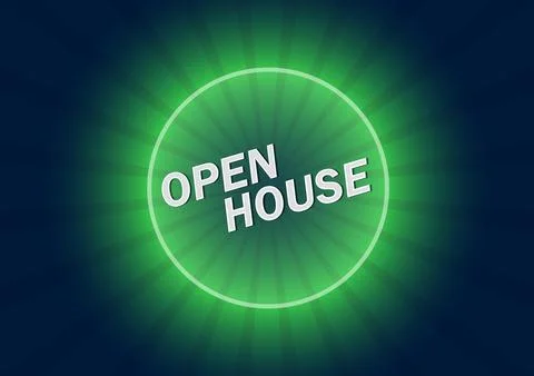 Open house button with green rays on dark background Stockillustratie