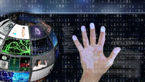Open human hand reaching toward technology interface, displaying holographic Video stock 307437103