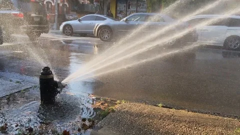 Open Hydrant Spraying Water in New York City Street to Cool Down the Summer Heat Stock Footage 106729792