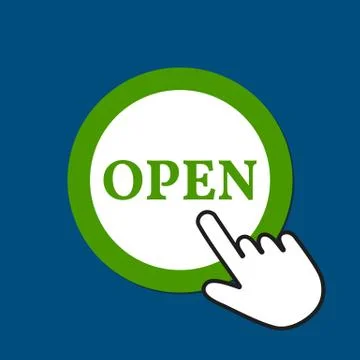 Open icon. Discover concept. Hand Mouse Cursor Clicks the Button. Stock Illustration
