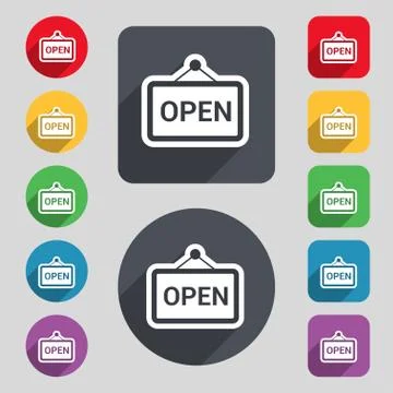 Open icon sign. A set of 12 colored buttons and a long shadow. Flat design. V Stock Illustration
