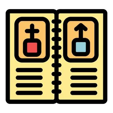 Open instruction manual showing assembly steps with up and down arrows Stock Illustration