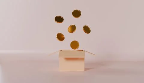 Open isolated box with coins coming out, Symbol of goals in investing Stock Illustration