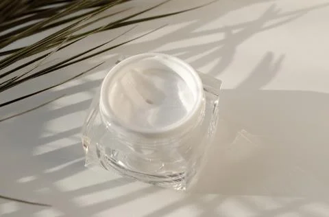 An open jar of cream on a light background with palm twigs. Skin care concept Stock Photos