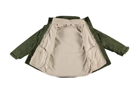 Open khaki warm jacket. Isolated green jacket on a white background. Stock Photos