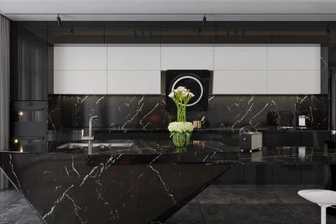 Open Kichen, luxury interior and stylish black marbel tiles wall decor, lif.. Stock-Illustration
