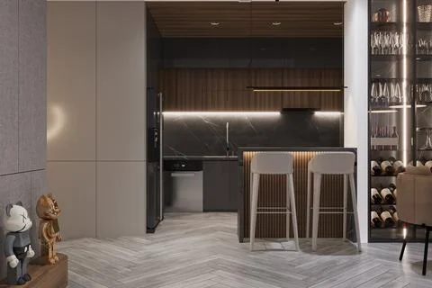 Open Kitchen and table showcase interior design for a better living space d.. Stock-Illustration