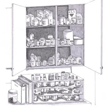 Open Kitchen Cabinet and Shelves Filled with Various Medicine and Food Stock Illustration