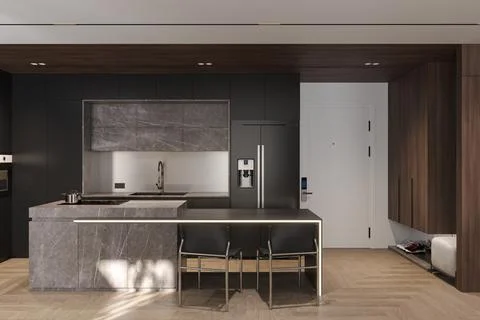 Open Kitchen Interior with Marble Kitchen Island and technology, 3D rendering Stock Photos