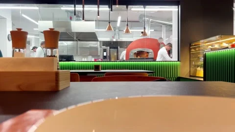Open kitchen in the restaurant Stock Footage 220138014