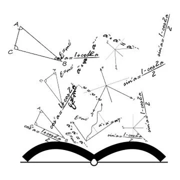 Open Knowledge Book with mathematical and physical formulas, vector Stock Illustration