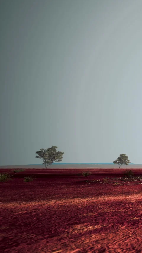 Open landscape with red ground and trees under grey sky Stock Footage 346758931