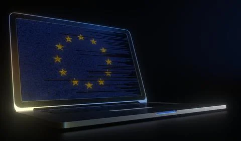 Open laptop and computer code on the screen composing flag of the EU. Modern Stock Illustration