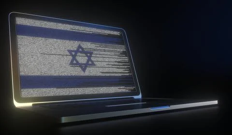 Open laptop and computer code on the screen composing flag of Israel. Modern Stock Illustration