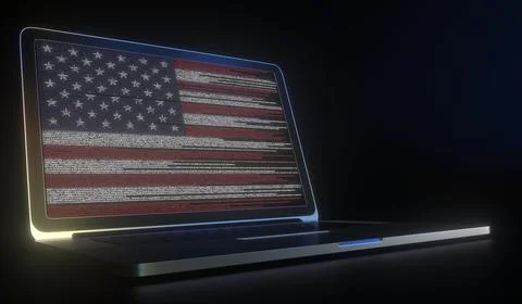 Open laptop and computer code on the screen composing flag of the USA. Modern 库存插图