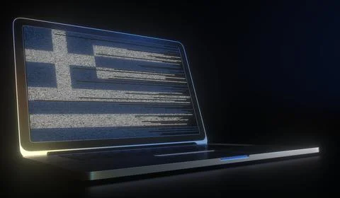 Open laptop and computer code on the screen composing flag of Greece. Modern Stock Illustration