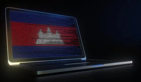 Open laptop and computer code on the screen composing flag of Cambodia. Modern Stock Illustration