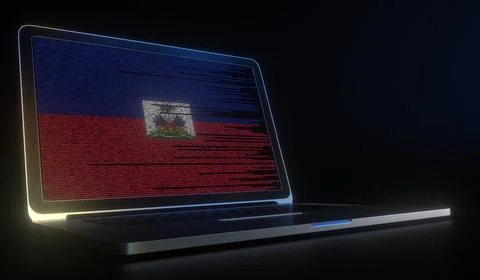 Open laptop and computer code on the screen composing flag of Haiti. Modern Stock Illustration