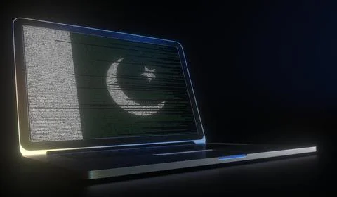 Open laptop and computer code on the screen composing flag of Pakistan. Modern Stock Illustration